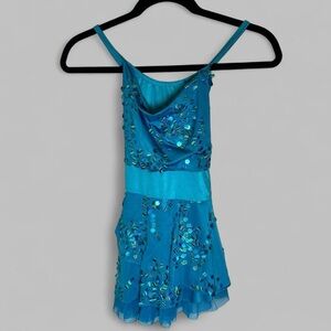 Aqua Blue Sequin Skirted Dance Costume Child Large